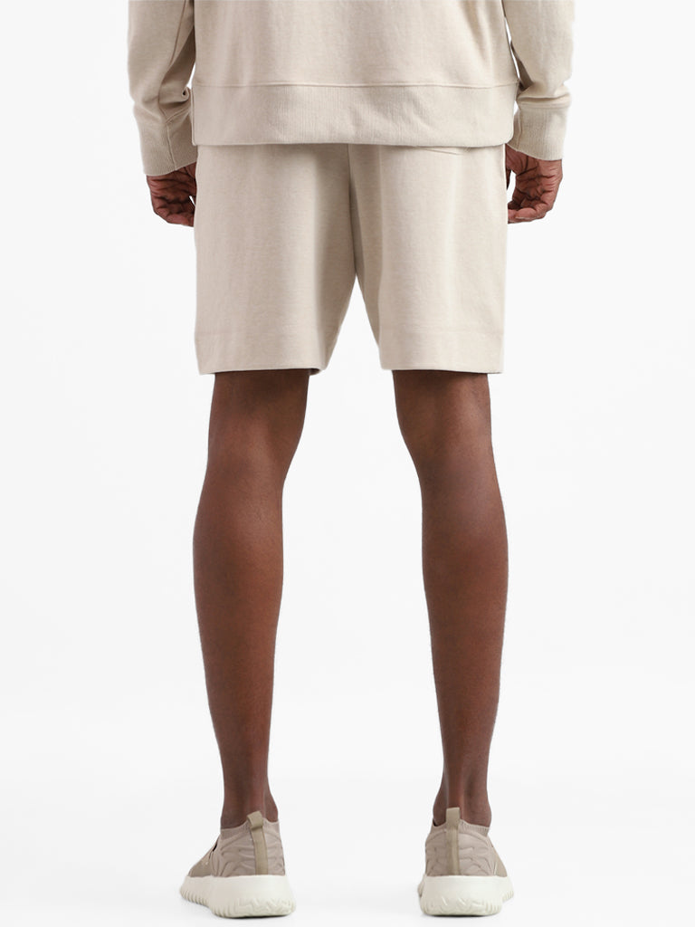 Studiofit Solid Beige Relaxed-Fit Mid-Rise Shorts