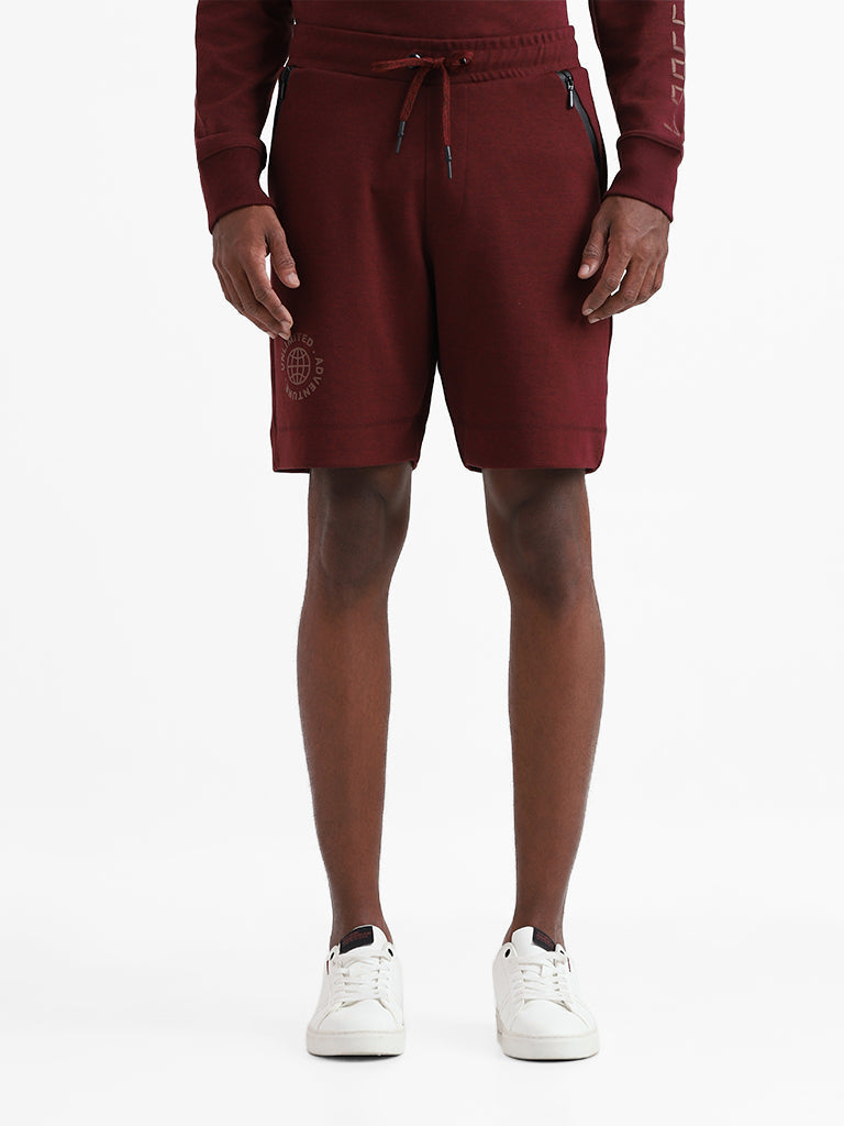 Studiofit Solid Wine Melange Relaxed-Fit Mid-Rise Shorts