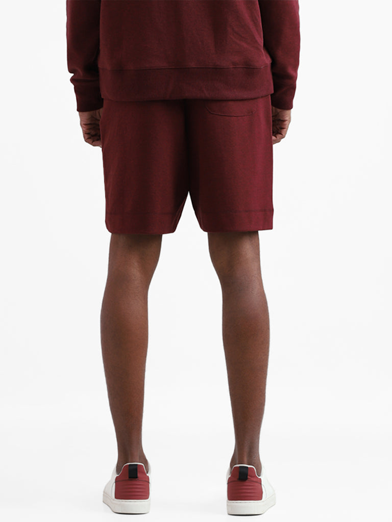 Studiofit Solid Wine Melange Relaxed-Fit Mid-Rise Shorts