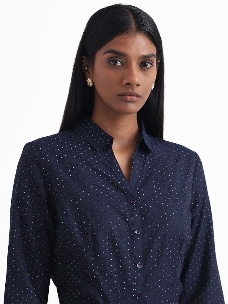 Wardrobe Printed Formal Navy Blue Shirt