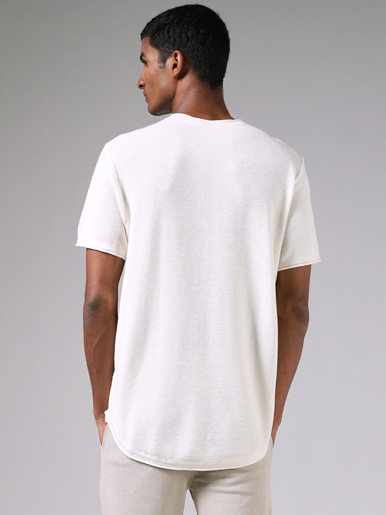 ETA Off White Knitted Solid Slim-Fit T-Shirt