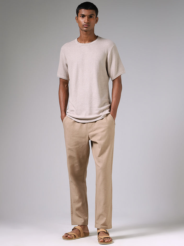 ETA Taupe Melange Knitted Solid Slim-Fit T-Shirt