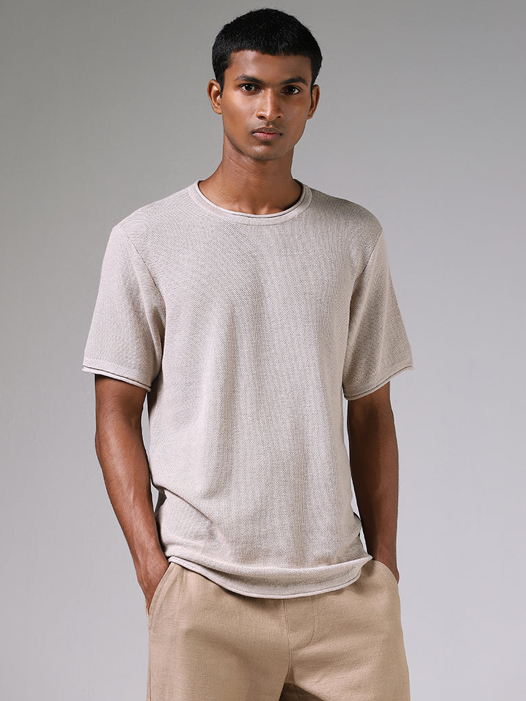 ETA Taupe Melange Knitted Solid Slim-Fit T-Shirt