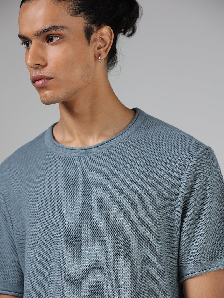 ETA Teal Knitted Solid Slim-Fit T-Shirt