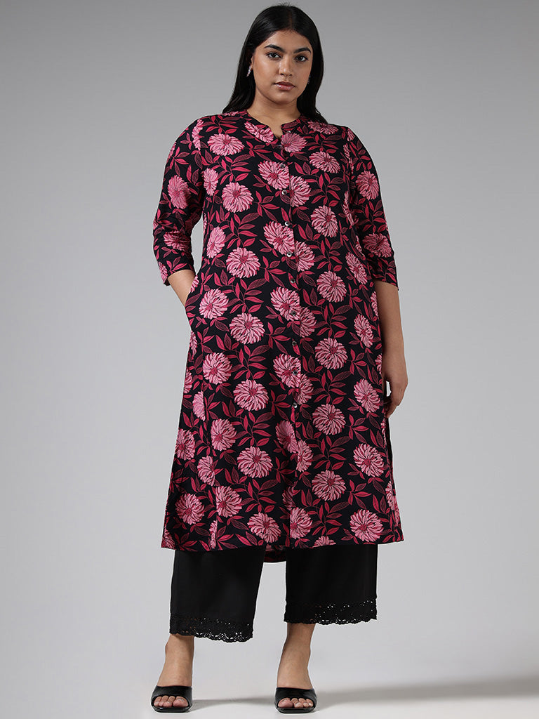 Diza Pink Floral Printed Button Down Kurta