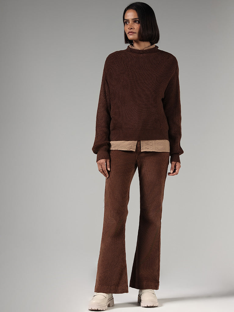 LOV Chocolate Brown Self-Striped Sweater