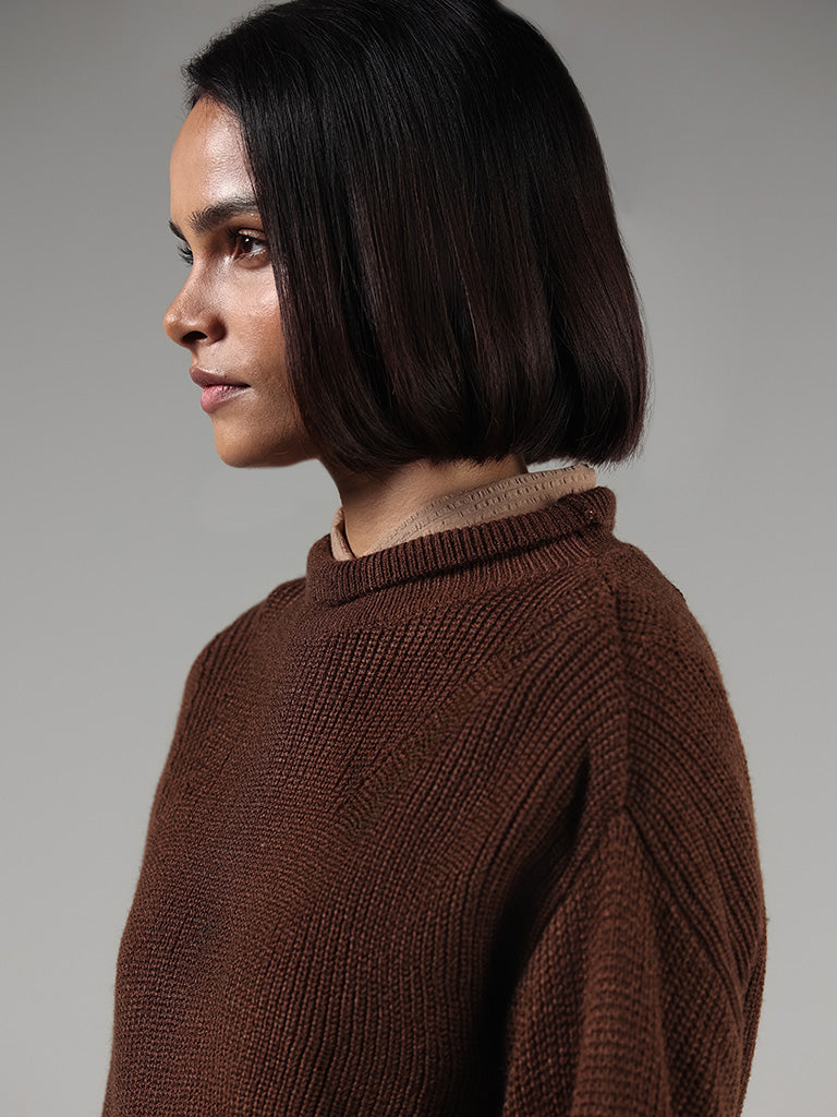 LOV Chocolate Brown Self-Striped Sweater