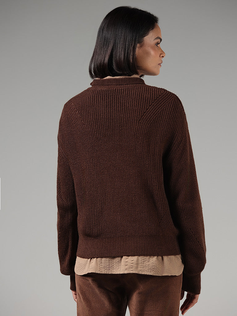 LOV Chocolate Brown Self-Striped Sweater