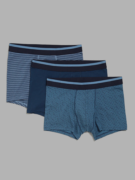 WES Lounge Blue Assorted Relaxed-Fit Trunks - Pack of 3