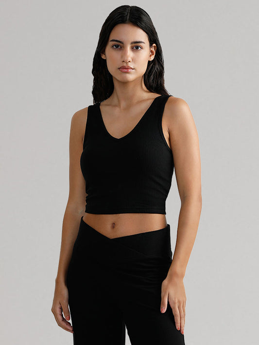 Superstar Black Deep V Neck Cotton Ribbed Crop Camisole