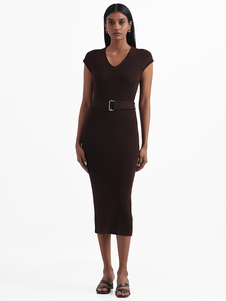 Wardrobe Solid Brown Bodycon Dress