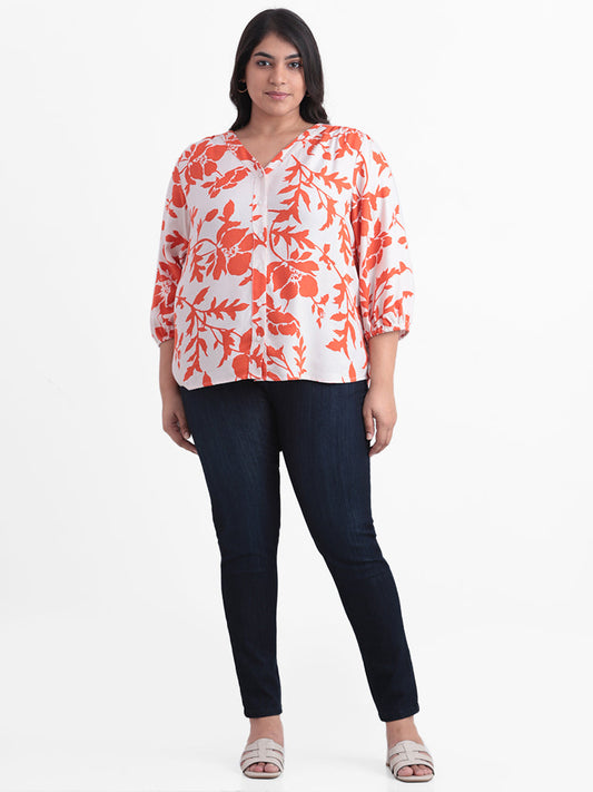 Gia White and Orange Printed Floral Relaxed Fit Blouse