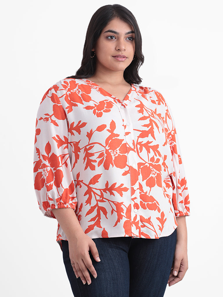 Gia White and Orange Printed Floral Relaxed Fit Blouse