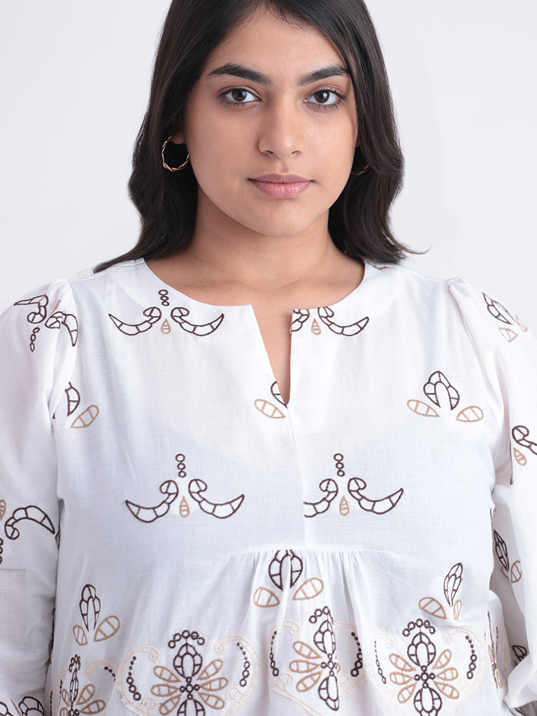 Gia White Embroidered Cotton Relaxed Fit Blouse