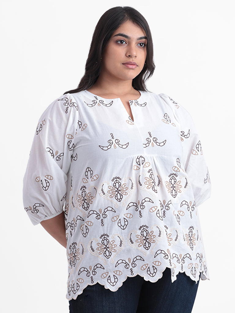 Gia White Embroidered Cotton Relaxed Fit Blouse