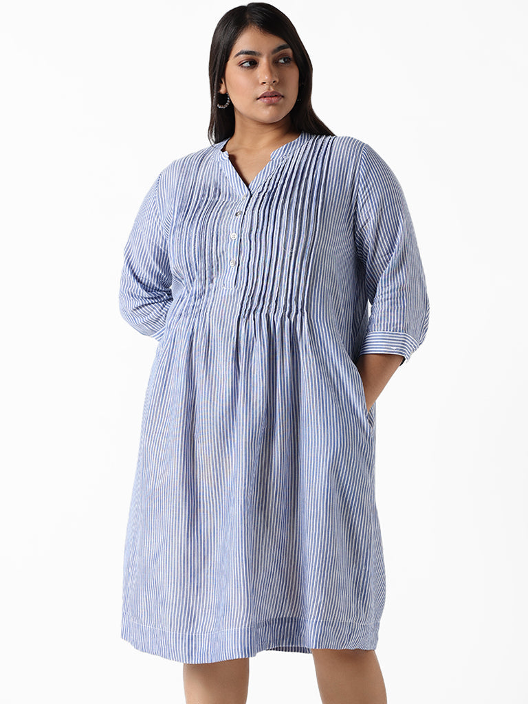 Gia Sky Blue Striped Cotton Relaxed Fit Dress