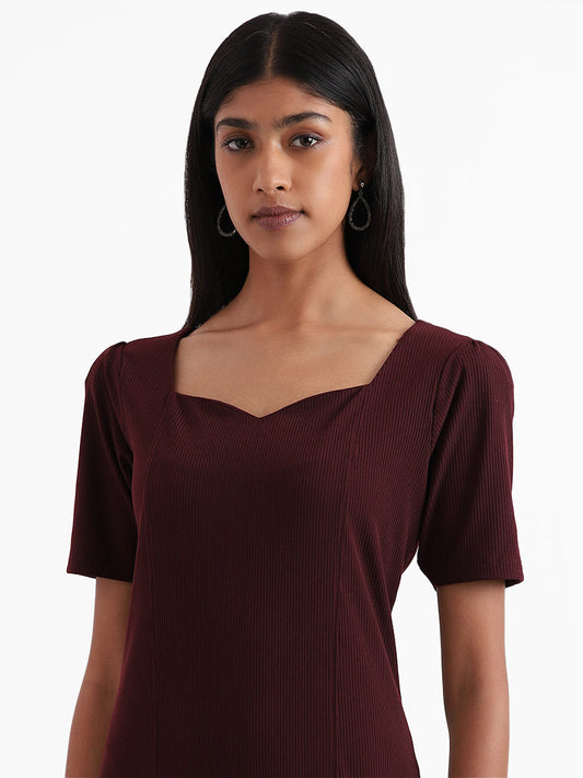 Wardrobe Plain Burgundy Cotton Blend Princess-Cut Dress