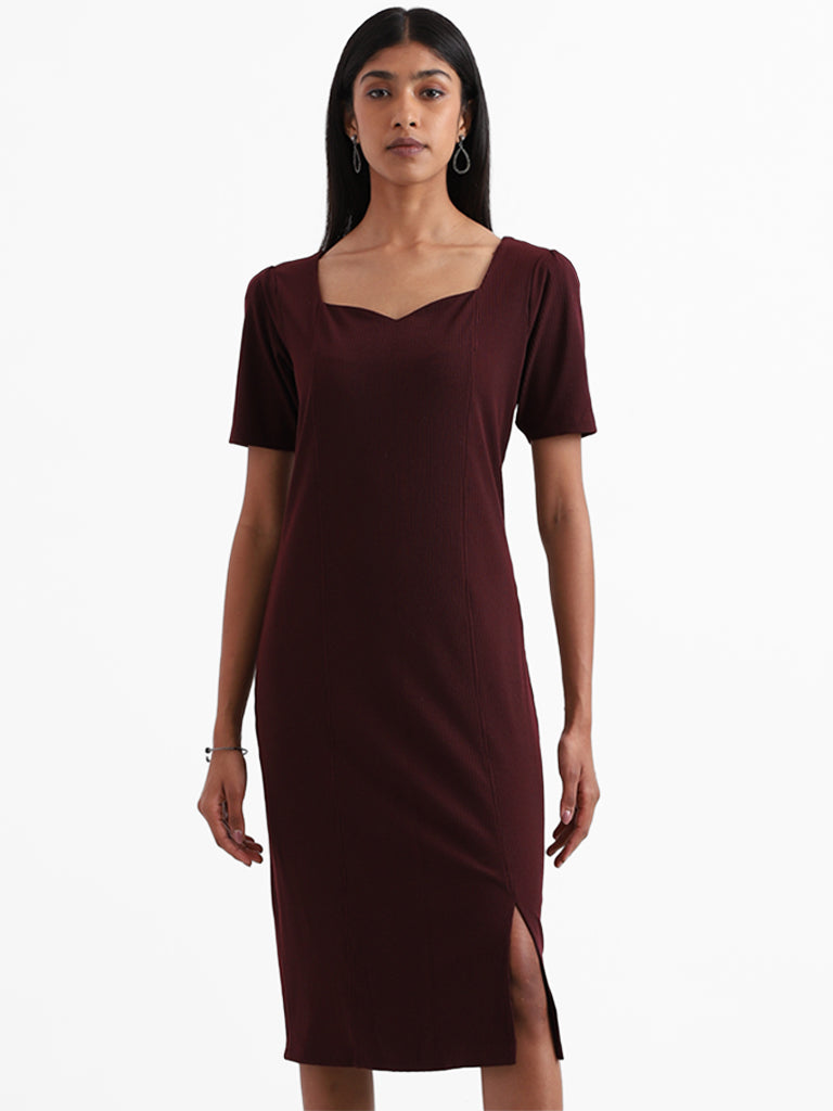 Wardrobe Plain Burgundy Cotton Blend Princess-Cut Dress