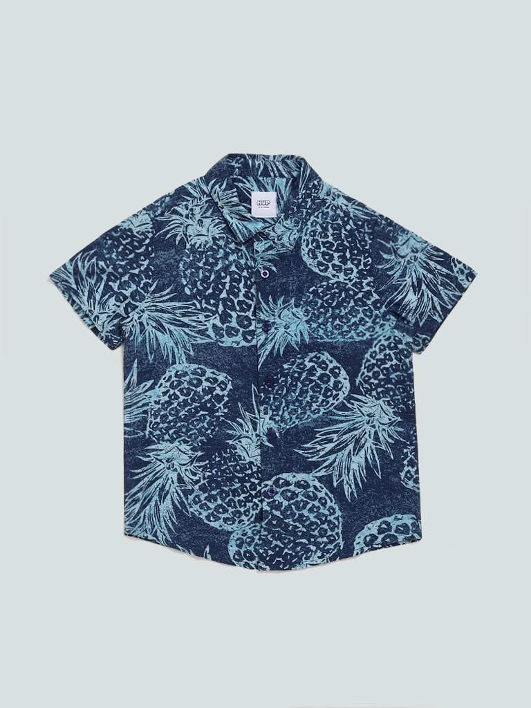 HOP Kids Pine Printed Navy Blue Shirt