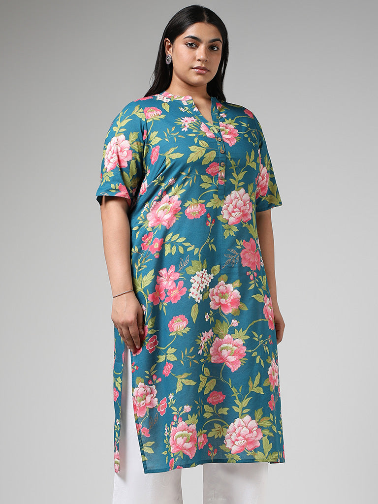 Diza Blue Bold Floral Printed Cotton Kurta