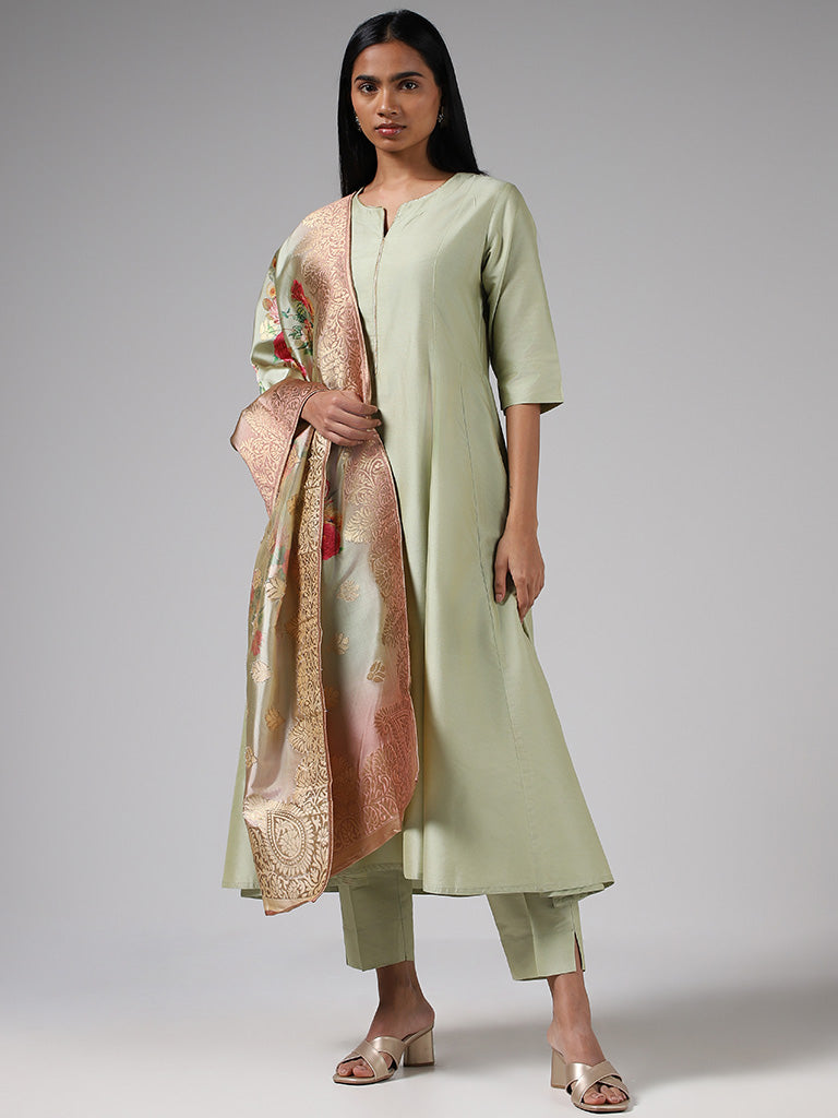 Vark Solid Lime Kurta, Straight Pants and Floral Printed Dupatta Set