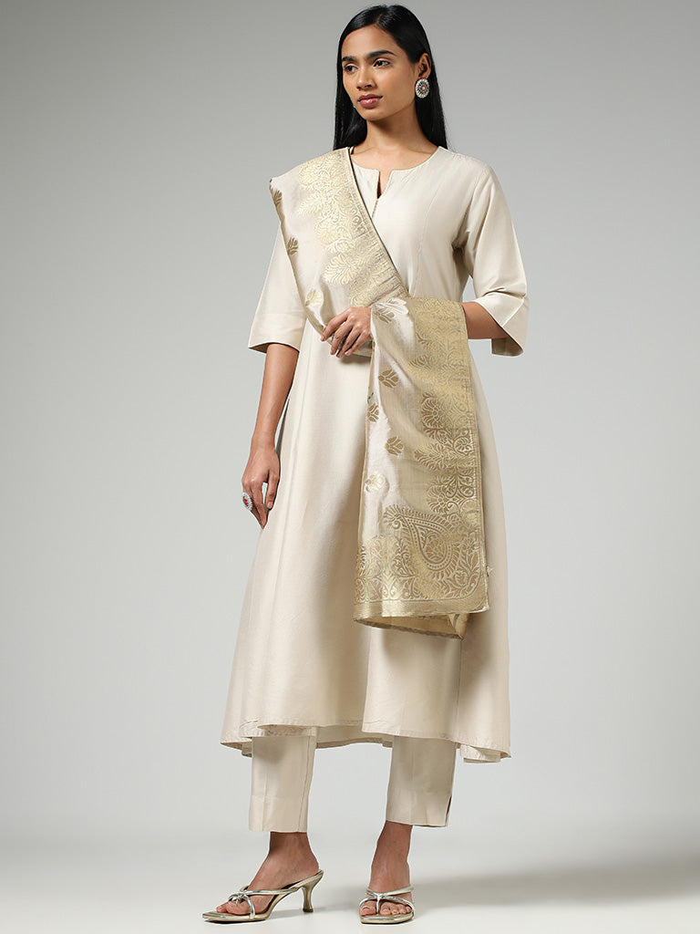 Vark Cream Kurta, Pants & Floral Printed Dupatta Set