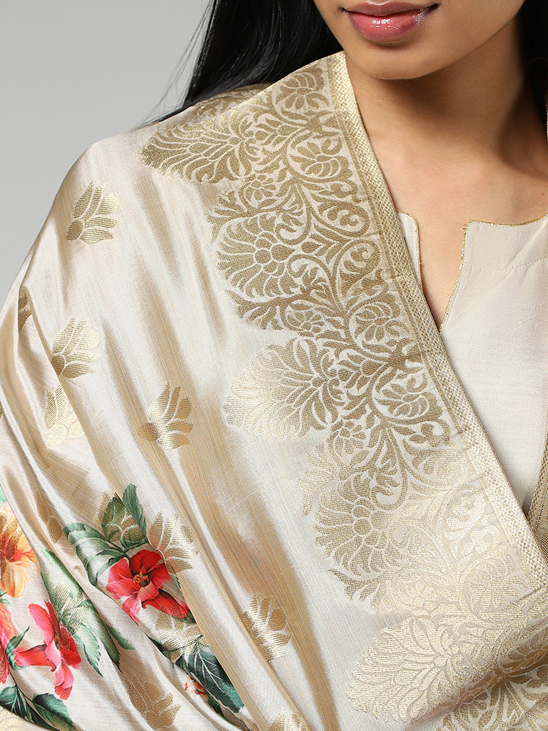 Vark Cream Kurta, Pants & Floral Printed Dupatta Set