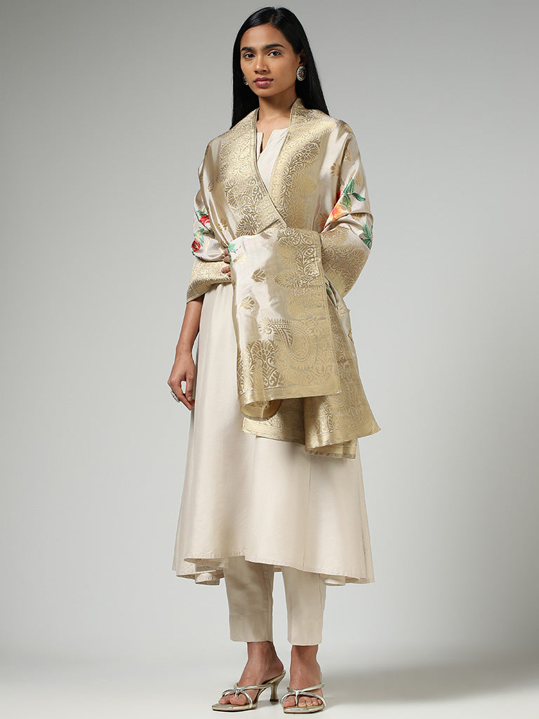 Vark Cream Kurta, Pants & Floral Printed Dupatta Set