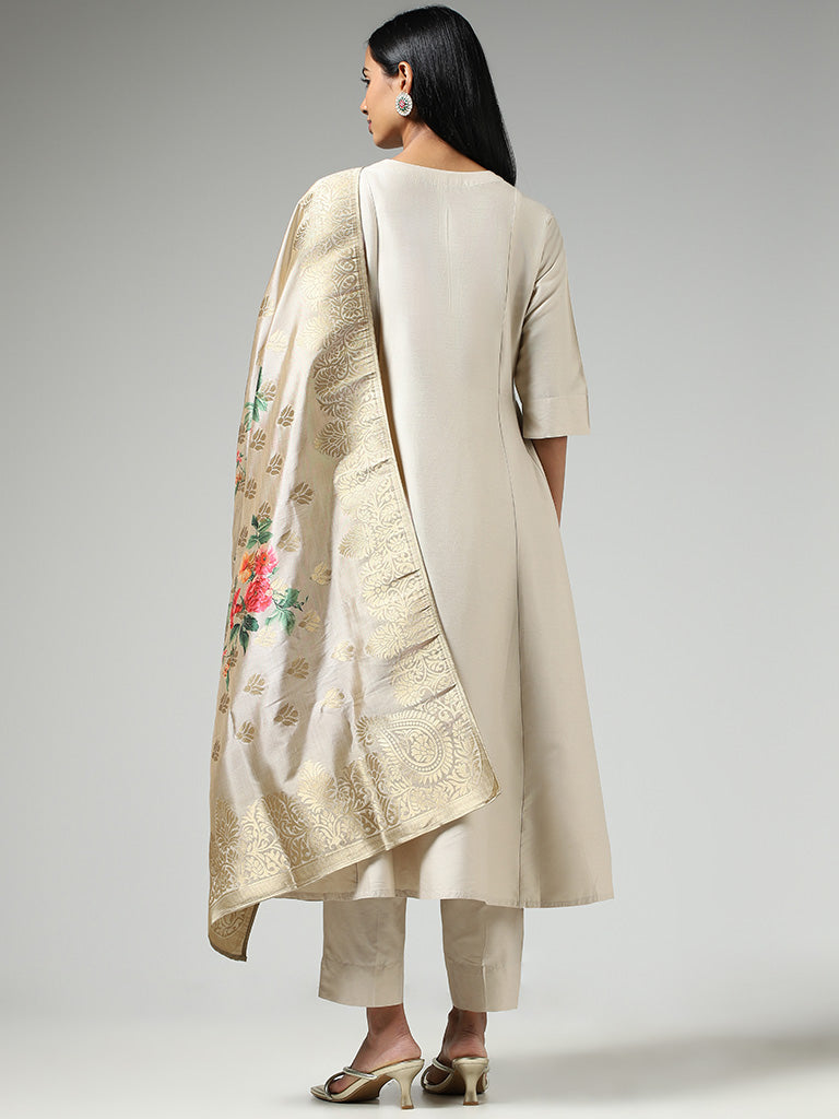 Vark Cream Kurta, Pants & Floral Printed Dupatta Set