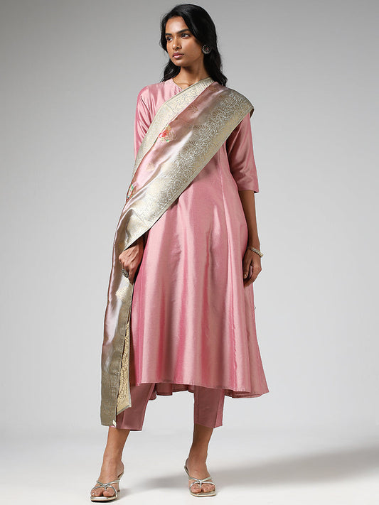 Vark Blush Pink Floral Printed Kurta, Pants & Dupatta Set