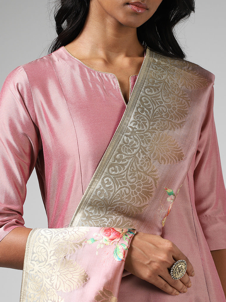 Vark Blush Pink Floral Printed Kurta, Pants & Dupatta Set