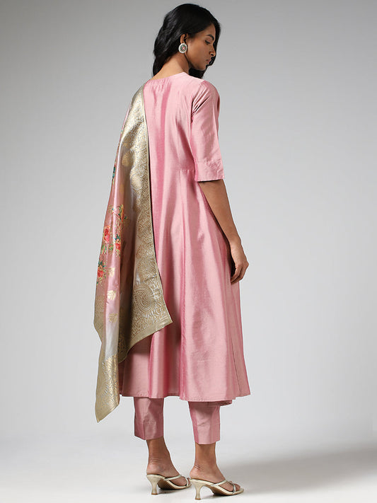 Vark Blush Pink Floral Printed Kurta, Pants & Dupatta Set