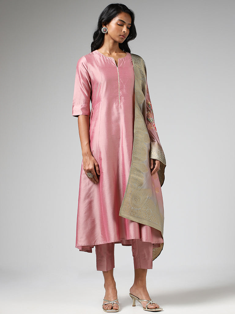 Vark Blush Pink Floral Printed Kurta, Pants & Dupatta Set