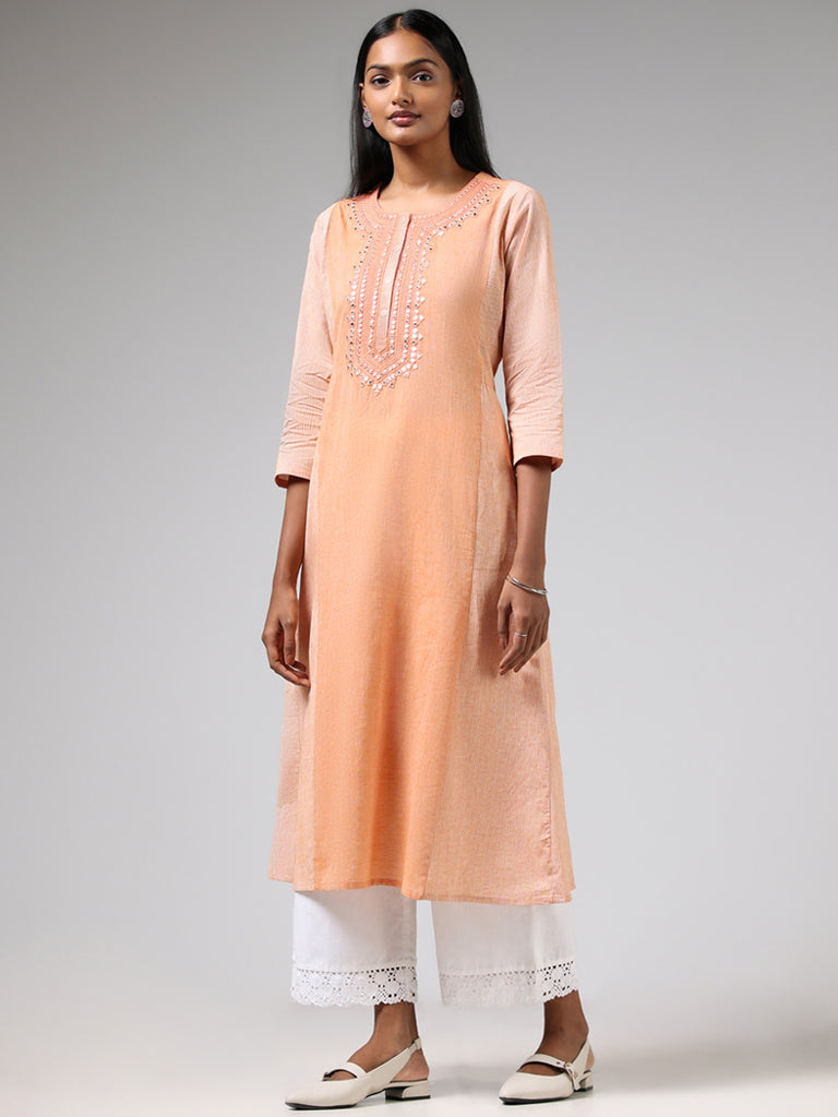 Utsa Orange Mirror Embroidered Cotton Kurta