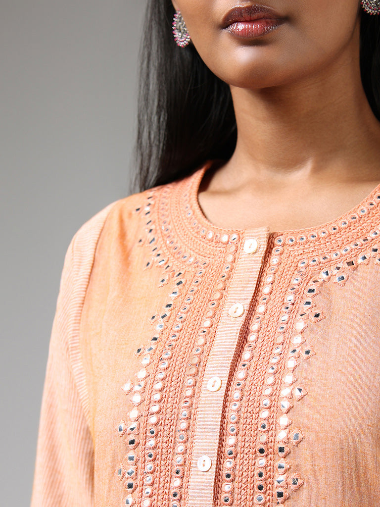 Utsa Orange Mirror Embroidered Cotton Kurta