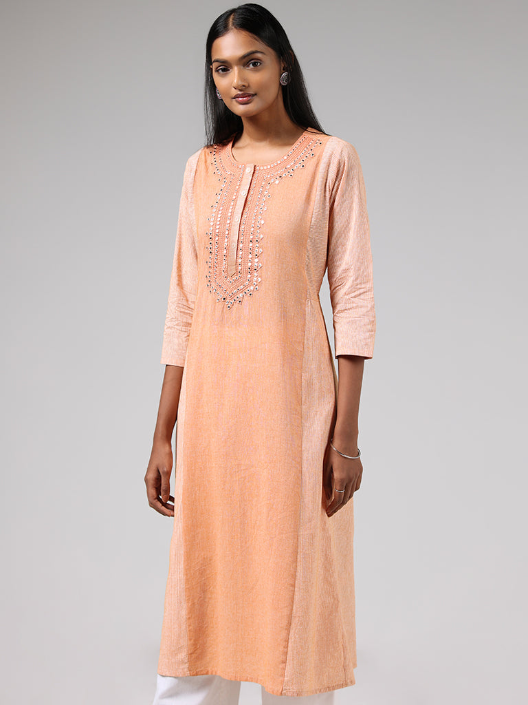 Utsa Orange Mirror Embroidered Cotton Kurta