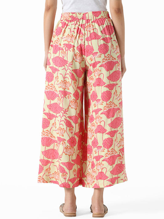 Utsa Pink & Beige Printed Floral Lotus Palazzos