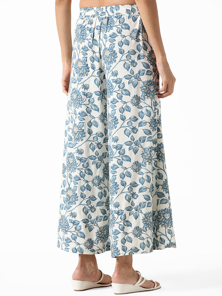 Utsa Indigo and White Printed Floral Palazzos