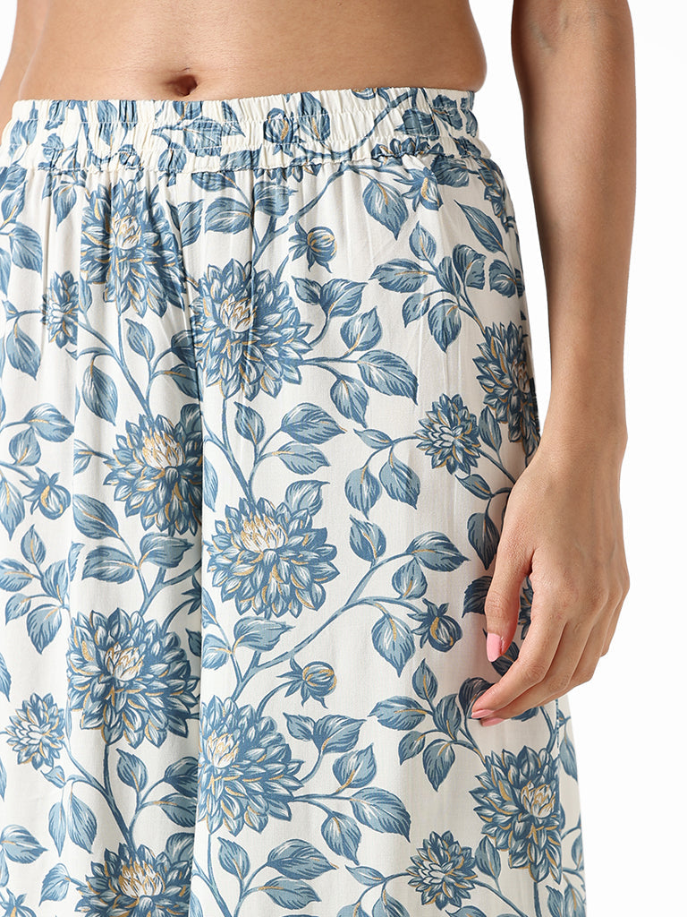 Utsa Indigo and White Printed Floral Palazzos