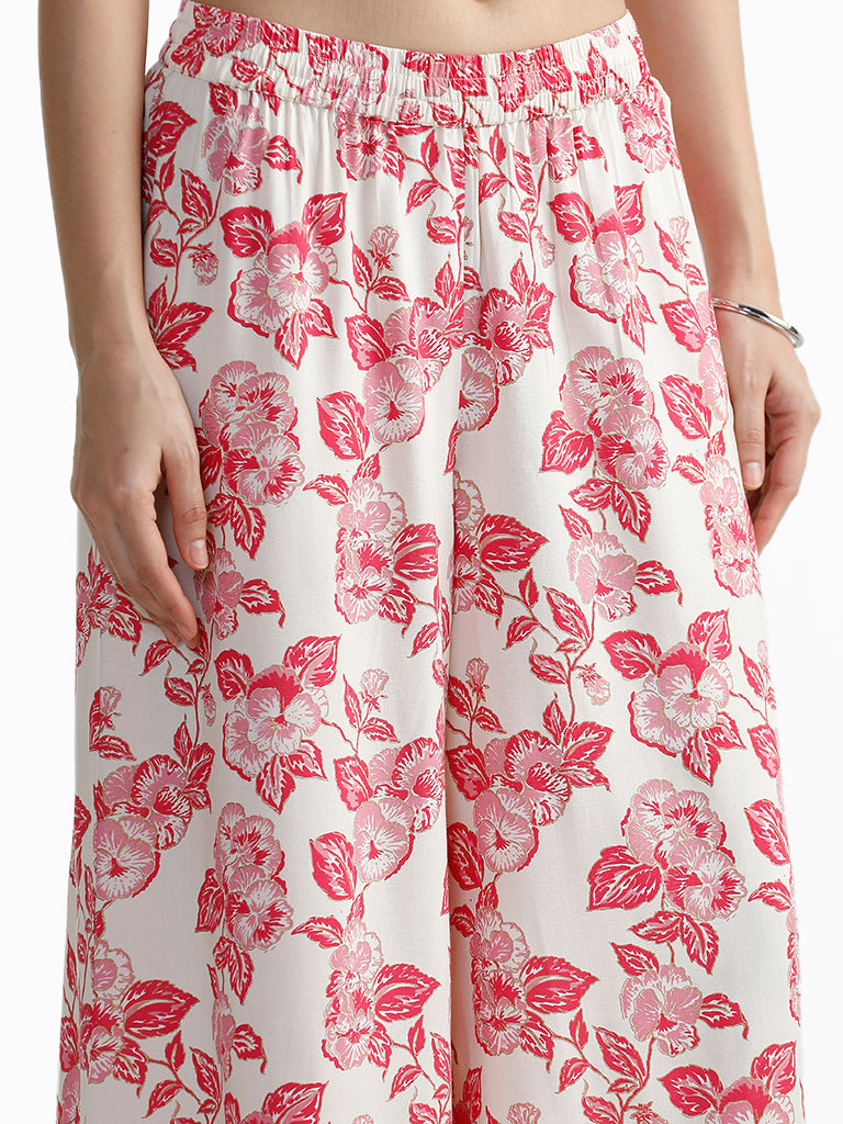 Utsa Pink Floral Printed Ankle Length Palazzos