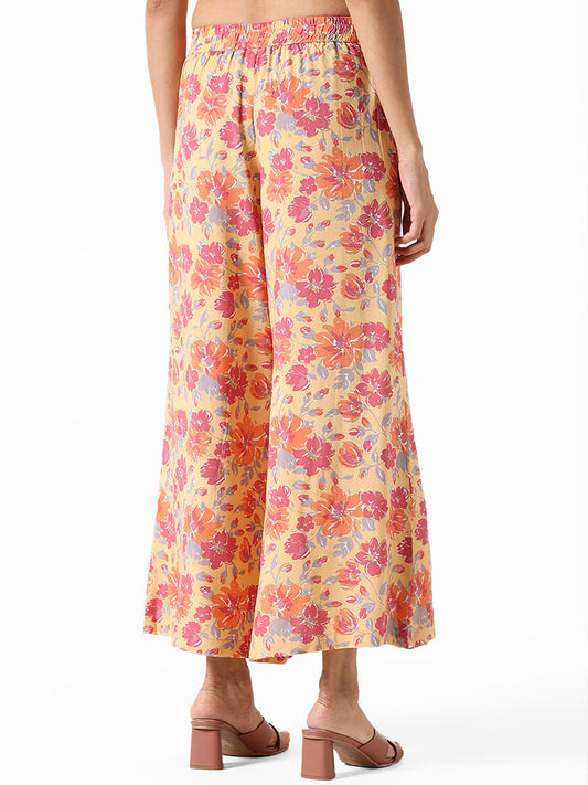 Utsa Yellow Multi-coloured Printed Floral Hibiscus Palazzos