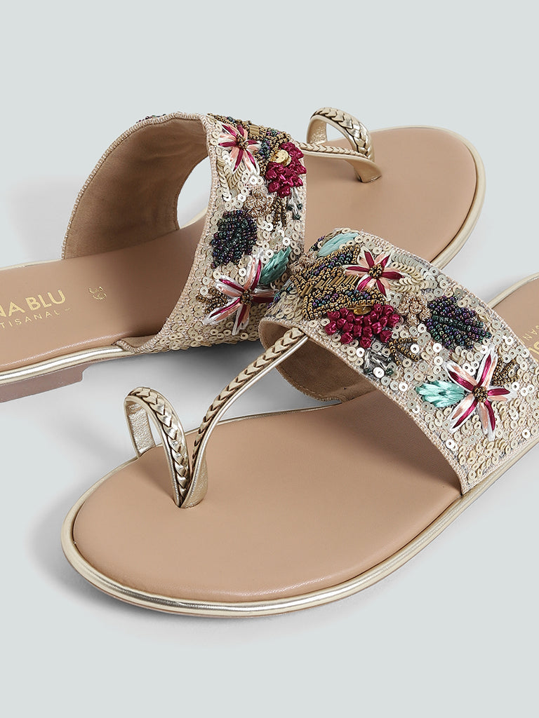 LUNA BLU Beige Floral Embroidered Kolhapur Leather Sandals