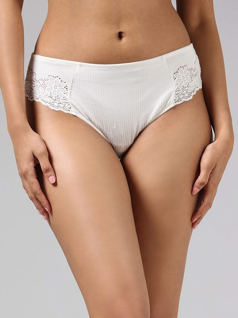 Wunderlove White Floral Lace Insert High Leg Brief