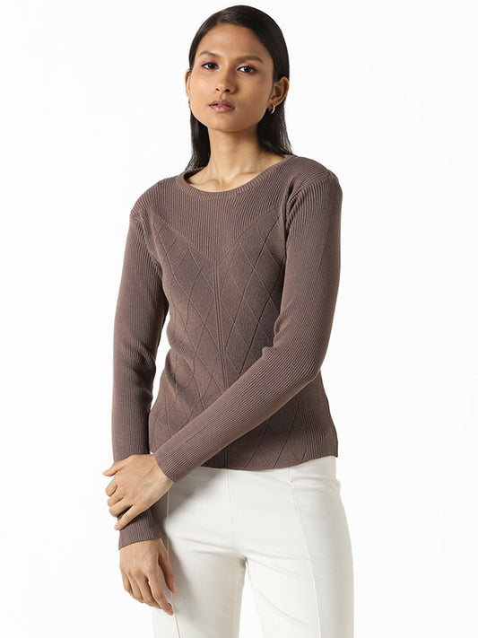 Wardrobe Solid Taupe Self Patterned Sweater