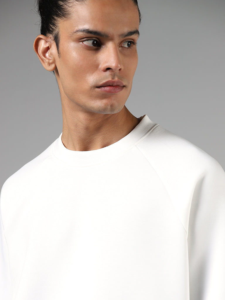 Studiofit Solid Off White Relaxed-Fit Sweatshirt