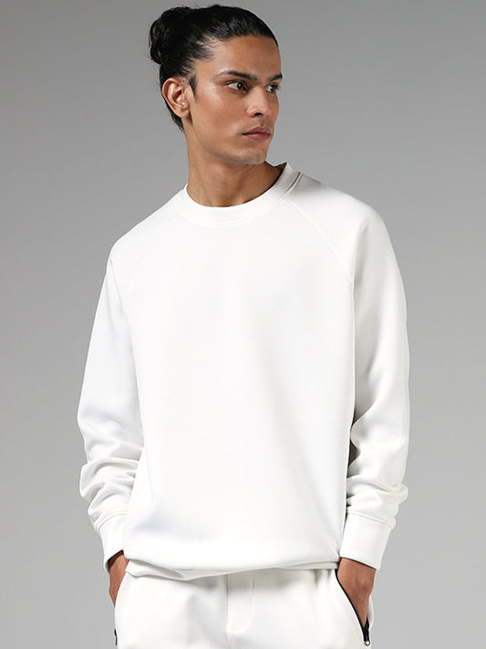 Studiofit Solid Off White Relaxed-Fit Sweatshirt