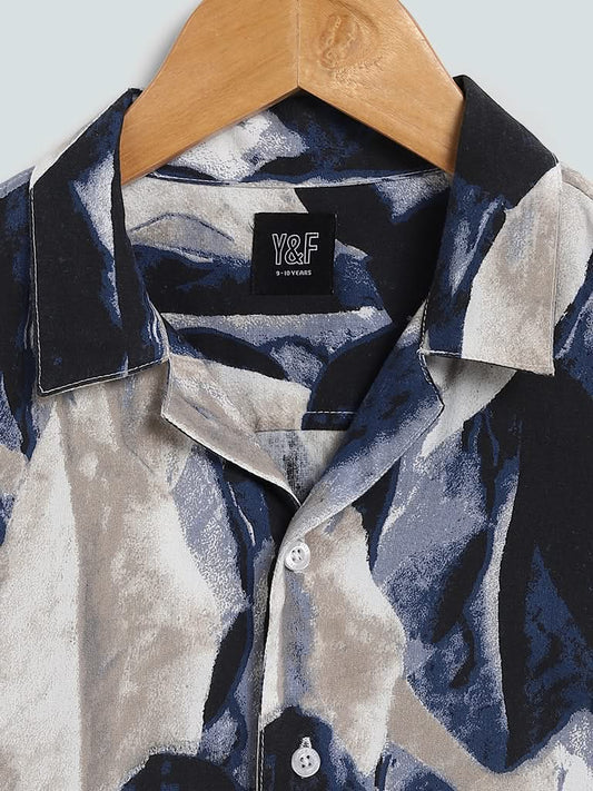 Y&F Kids Abstract Printed Indigo Blue Shirt