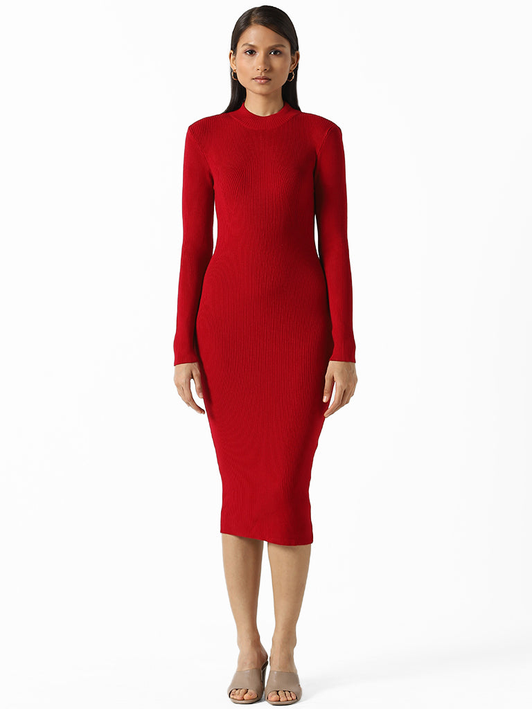 Wardrobe Solid Red Bodycon Dress