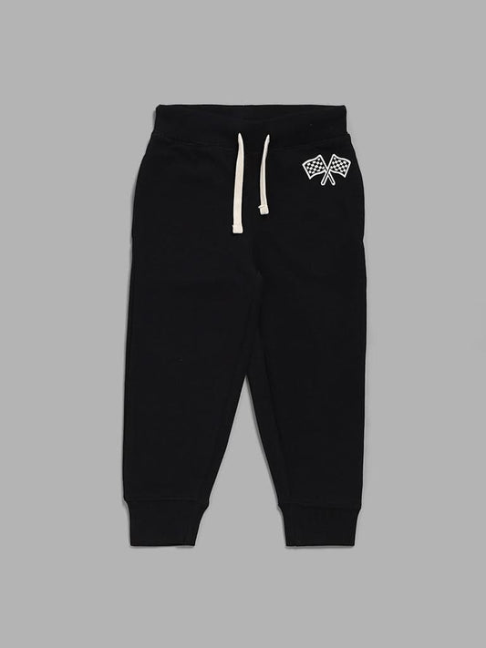 HOP Kids Black Track Flag Printed Joggers