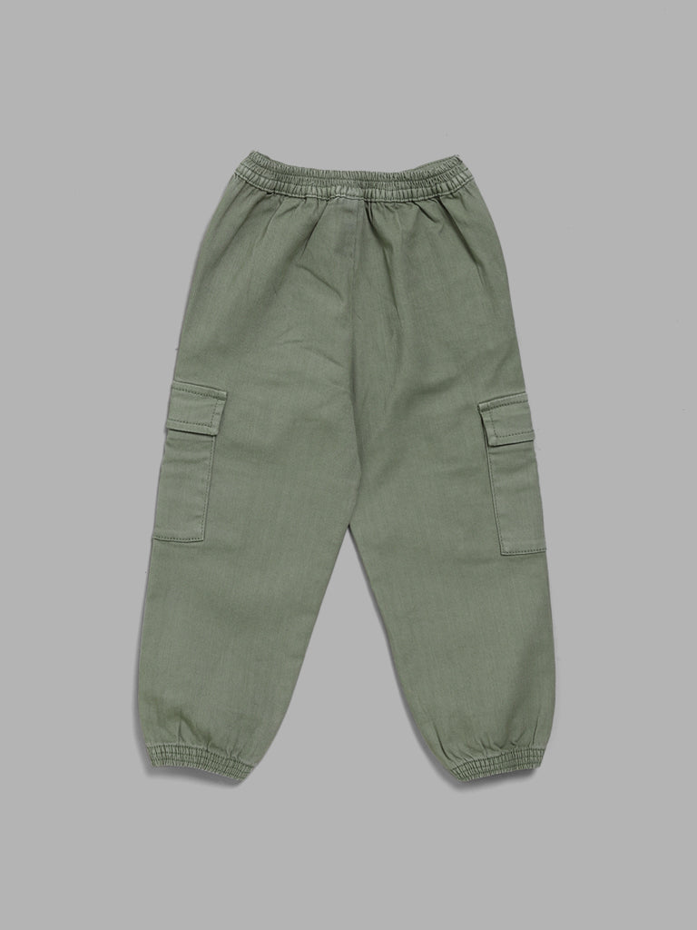 HOP Kids Olive Green Floral Embroidered Cargo Joggers